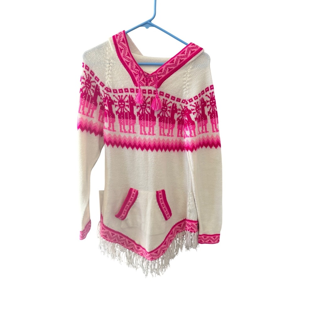 Artesania Edm Alpaca Wool Llama Hooded Sweater Pink White Fringe Womens Large‎
